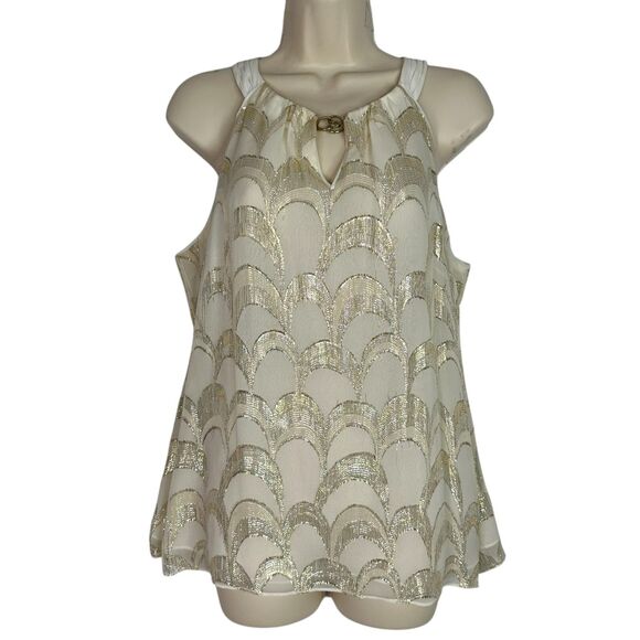 White House Black Market Silk Tank Top Sz L Gold Metallic Scallop Pattern Blouse - Picture 1 of 13